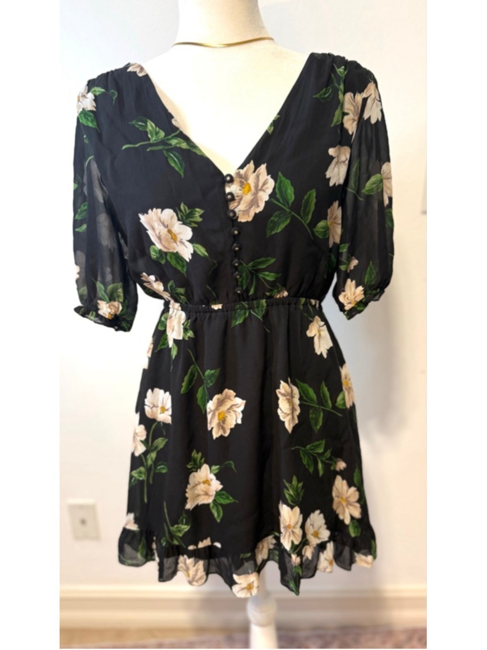 The Kooples silk lined Black Floral Mini Dress S, covered buttons. Ruffle hem